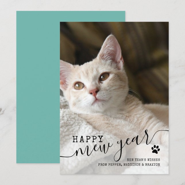 Tarjeta Festiva Feliz Año Nuevo Mascota de fotografía gato Año Nue (Anverso / Reverso)