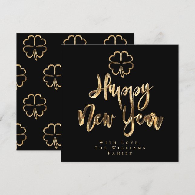 Tarjeta Festiva Feliz Año Nuevo Moda elegante negro y oro (Anverso / Reverso)