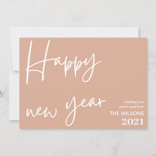 Tarjeta Festiva feliz año nuevo, moderna foto en blanco rosa (Anverso)