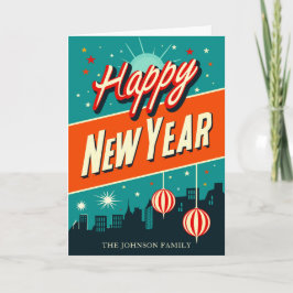 Tarjeta Festiva Feliz Año Nuevo Moderno de Mitad de Siglo