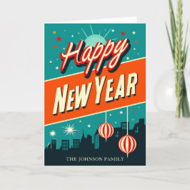 Tarjeta Festiva Feliz Año Nuevo Moderno de Mitad de Siglo