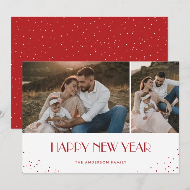 Tarjeta Festiva Feliz Año Nuevo Moderno, Nieve Roja 2 Foto (Anverso / Reverso)