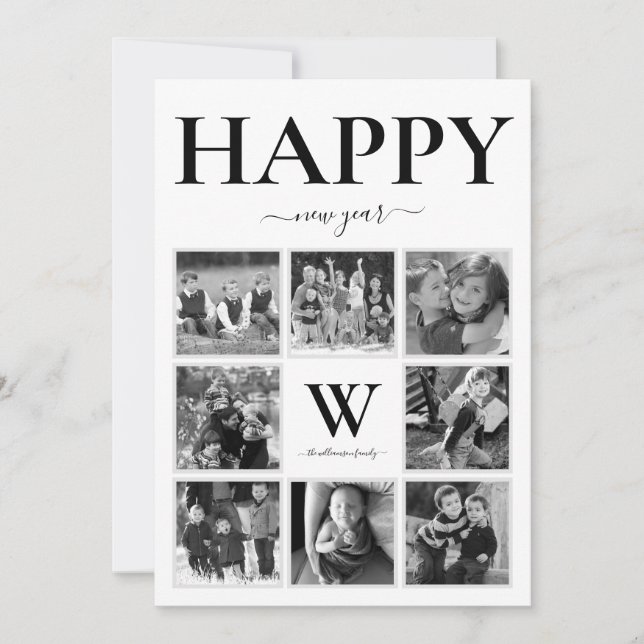 Tarjeta Festiva Feliz año nuevo monograma de fotografía negro y bl (Anverso)
