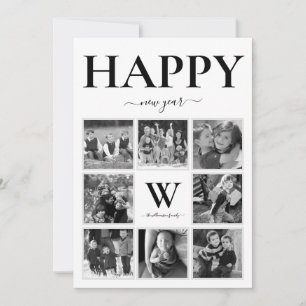 Tarjeta Festiva Feliz año nuevo monograma de fotografía negro y bl