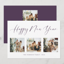 Tarjeta Festiva Feliz Año Nuevo morado Collage de fotos múltiple