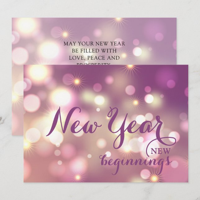 Tarjeta Festiva Feliz Año Nuevo Morado y Oro (Anverso / Reverso)