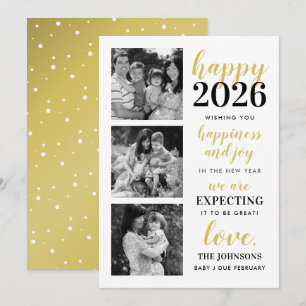 Tarjeta Festiva Feliz Año Nuevo Negro y Oro Esperando en 2026