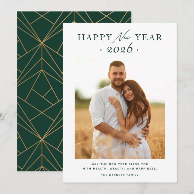 Tarjeta Festiva Feliz Año Nuevo Oro Foto Geométrica Verde (Anverso / Reverso)