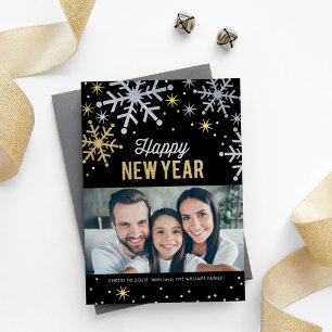 Tarjeta Festiva Feliz Año Nuevo Oro Negro Plata Copo de Nieve Foto