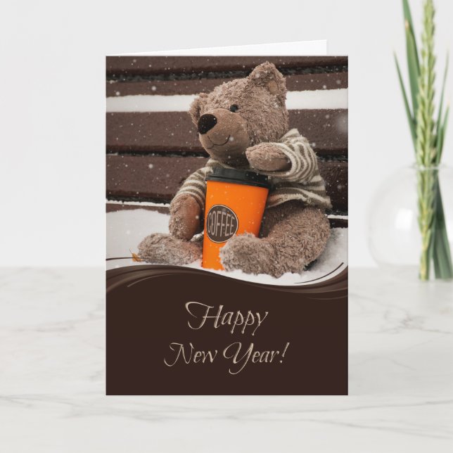 Tarjeta Festiva Feliz Año Nuevo. Oso de peluche (Anverso)