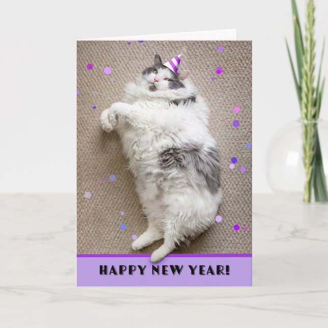 Tarjeta Festiva Feliz Año Nuevo para cualquier humor de gato gordo (Anverso)