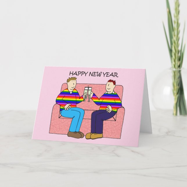 Tarjeta Festiva Feliz Año Nuevo Pareja Gay Masculina (Anverso)