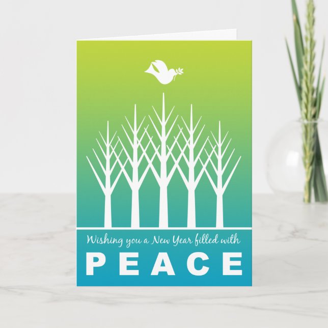 Tarjeta Festiva Feliz Año Nuevo Peace Dove Árboles de invierno Azu (Anverso)