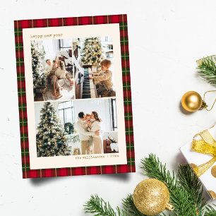 Tarjeta Festiva Feliz Año Nuevo Plaid Rojo Verde Familia Multi Fot