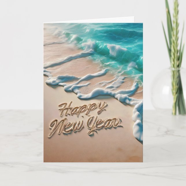 Tarjeta Festiva Feliz Año Nuevo Playa Tropical (Anverso)