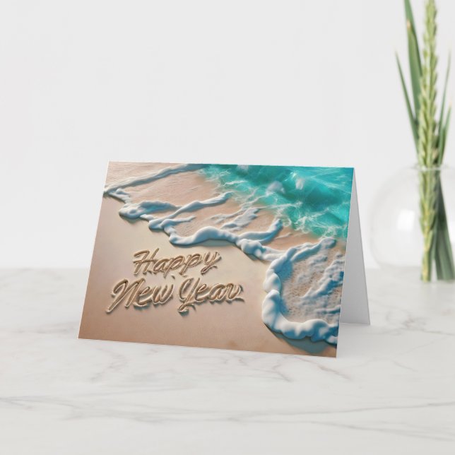 Tarjeta Festiva Feliz Año Nuevo Playa Tropical (Anverso)