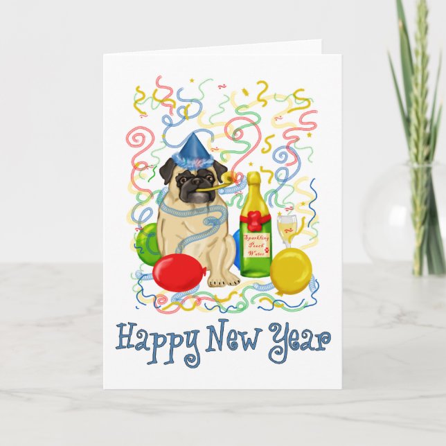 Tarjeta Festiva Feliz Año Nuevo Pug (Anverso)