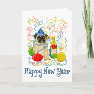 Tarjeta Festiva Feliz Año Nuevo Pug