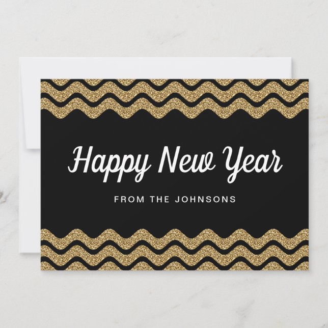 Tarjeta Festiva Feliz Año Nuevo Purpurina franjas negras (Anverso)
