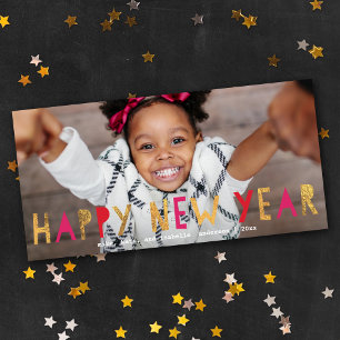 Tarjeta Festiva Feliz Año Nuevo Relieve metalizado Faux Foto rosa