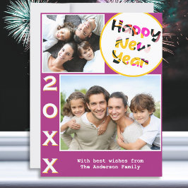 Tarjeta Festiva Feliz Año Nuevo Rosa 2 Fotos con Estilo