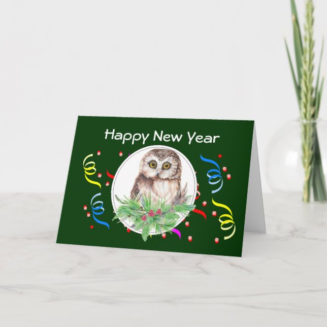 Tarjeta Festiva Feliz Año Nuevo, saludo lindo del pájaro del búho (Anverso)