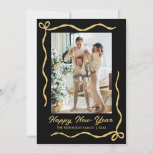 Tarjeta Festiva Feliz Año Nuevo Script Black Gold Gold Bow 2 Foto