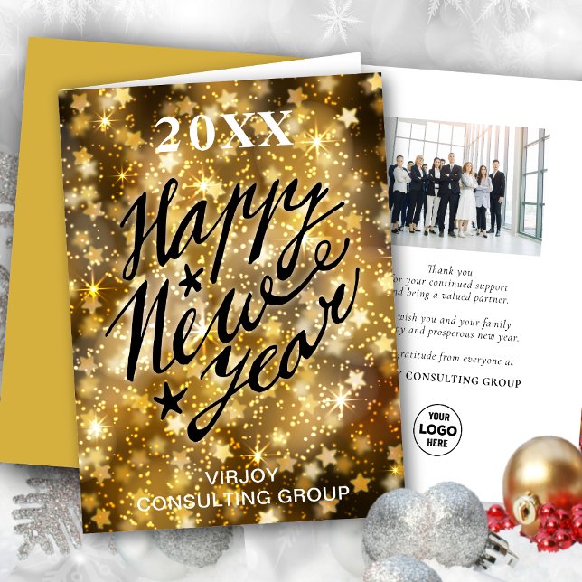 Tarjeta Festiva Feliz Año Nuevo Script Festividad Oro Stars Busine (Subido por el creador)