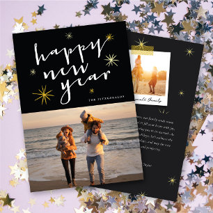 Tarjeta Festiva Feliz Año Nuevo Script Gold Starburst Festividad d