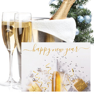 Tarjeta Festiva Feliz Año Nuevo serpentinas de champán dorado Chic