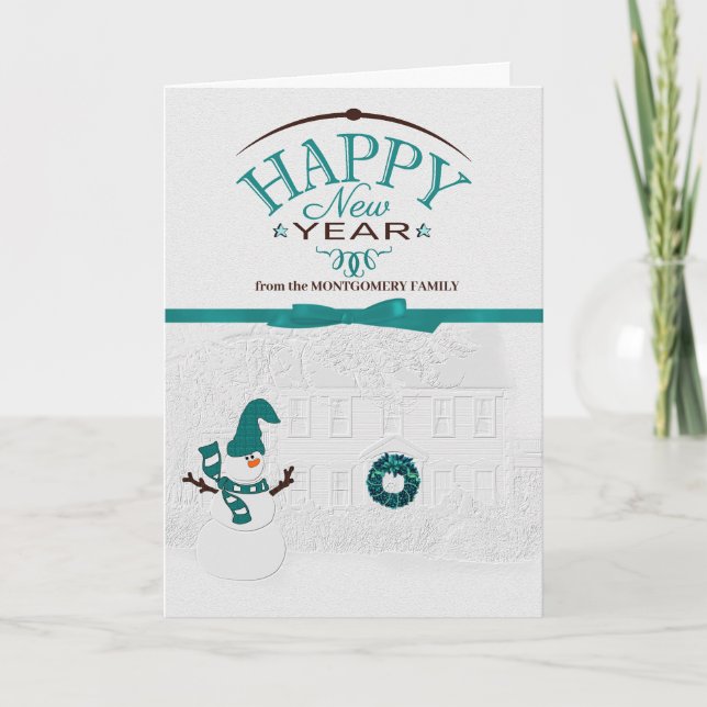 Tarjeta Festiva Feliz Año Nuevo: Snowman con nombre (Anverso)