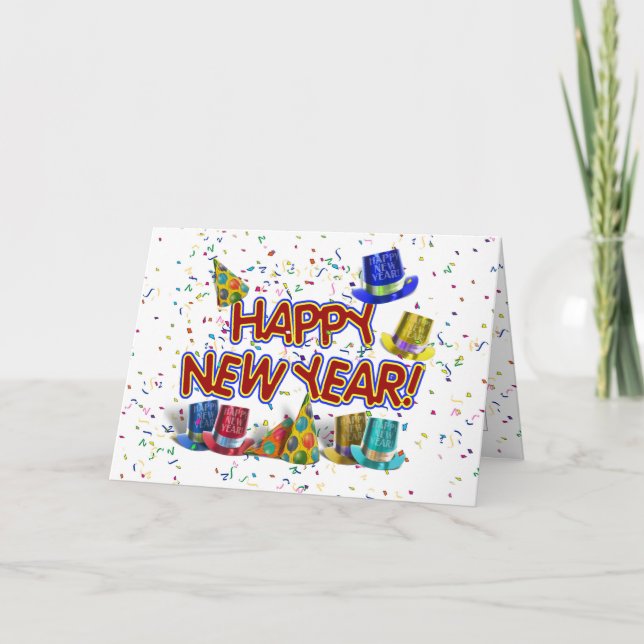 Tarjeta Festiva Feliz Año Nuevo Texto con Gorras y Fiestas (Anverso)