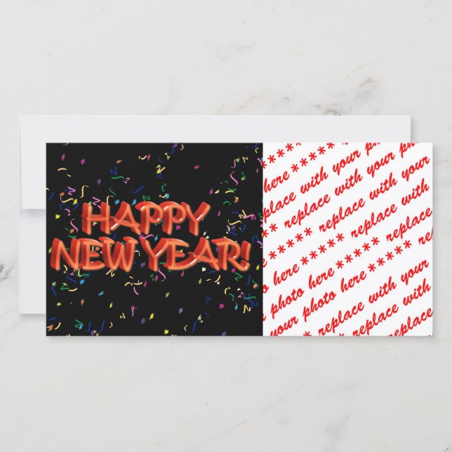 Tarjeta Festiva Feliz Año Nuevo Texto Rojo con Confetti (Anverso)