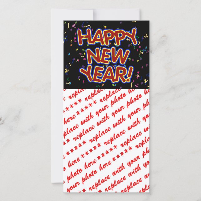 Tarjeta Festiva Feliz Año Nuevo - Texto Rojo Con Confetti (Anverso)
