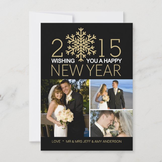 Tarjeta Festiva Feliz Año Nuevo Vacaciones con copas de nieve Tri- (Anverso)