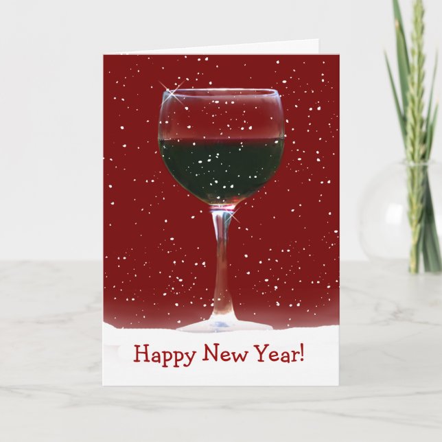 Tarjeta Festiva Feliz año nuevo: Vino rojo en nieve (Anverso)