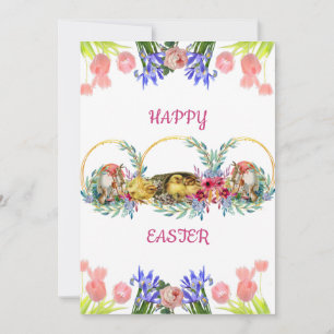 Tarjeta Festiva Feliz Año Pascua Huevos Chick Lilac Rosa Tulip