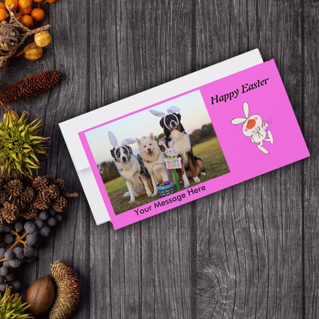 Tarjeta Festiva Feliz baile de Pascua, bonito conejo blanco (Photo Easter greeting card upload your own photo.  Cute cartoon white Easter bunny on bright pink.)