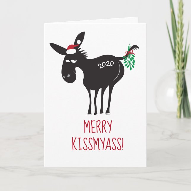 Tarjeta Festiva ¡Feliz Beso MiAss 2020! Burro con Mistletoe Holida (Anverso)