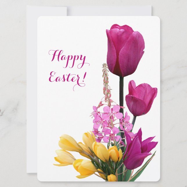 Tarjeta Festiva Feliz bonito de Pascua tulipanes rosados Crocus am (Anverso)