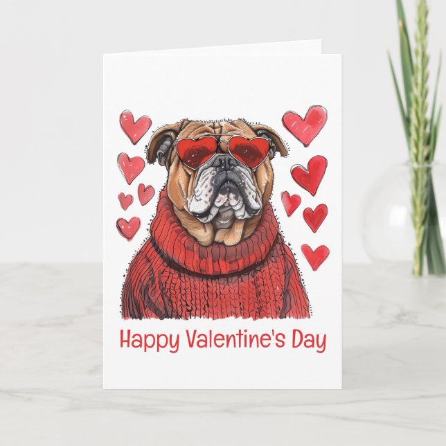 Tarjeta Festiva Feliz Bulldog en inglés de San Valentín (Anverso)