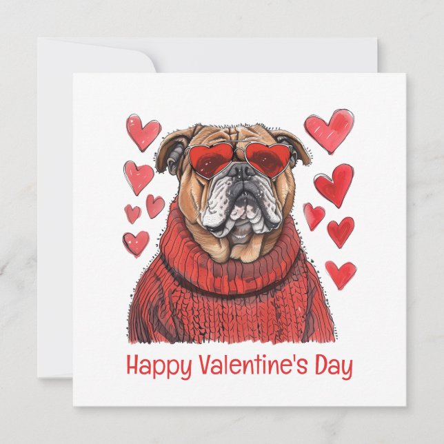 Tarjeta Festiva Feliz Bulldog en inglés de San Valentín (Anverso)