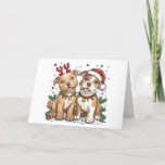 Tarjeta Festiva Feliz Bulldog navideño<br><div class="desc">Ilustracion de Bulldoges de foso vestidos para Navidades. Perfecto para los amantes de las mascotas o los padres de perros durante las vacaciones.</div>