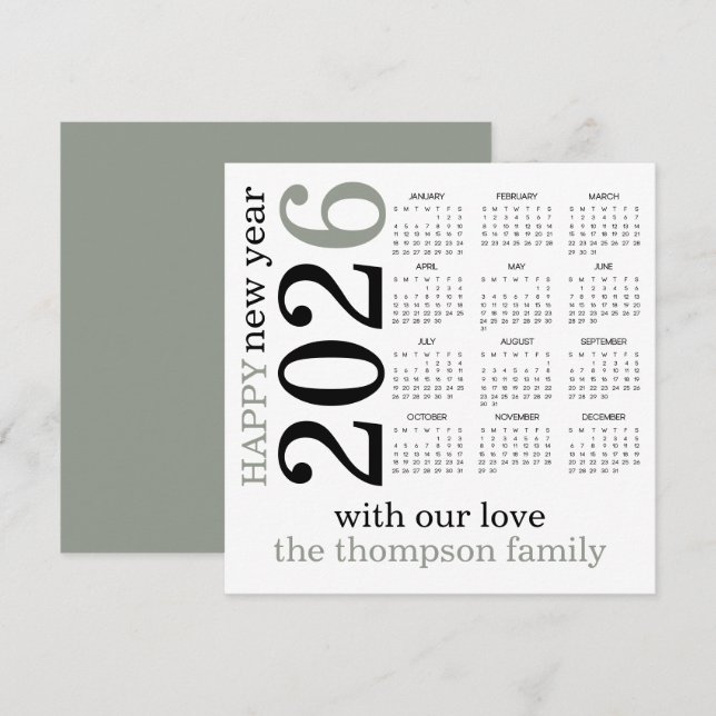 Tarjeta Festiva Feliz calendario blanco de Año Nuevo 2026 (Anverso / Reverso)