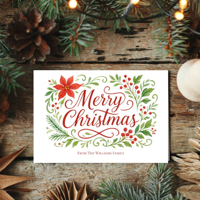 Tarjeta Festiva Feliz caligrafía navideña Poinsettias rojas (Subido por el creador)