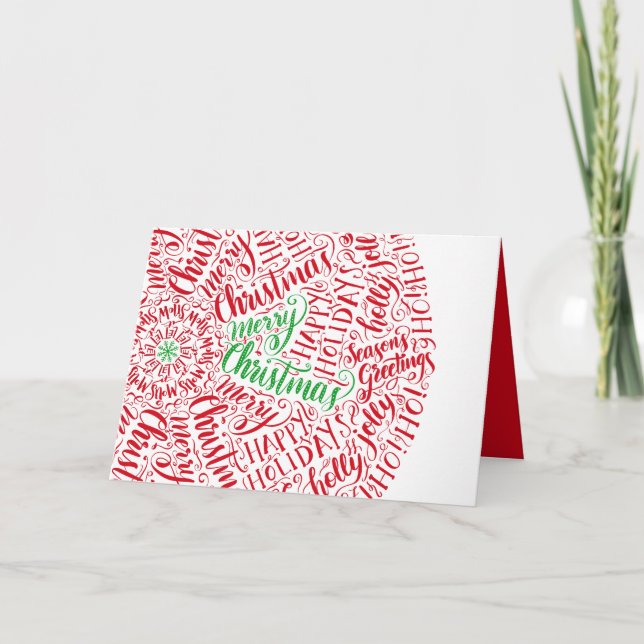 Tarjeta Festiva Feliz caligrafía navideña tipografía Mandala rojo (Anverso)