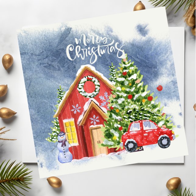 Tarjeta Festiva Feliz casa navideña con árbol y nieve en auto rojo (Subido por el creador)