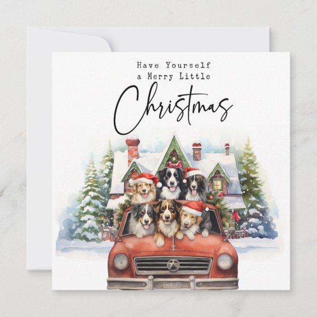 Tarjeta Festiva Feliz casa navideña con perros en camión rojo (Anverso)