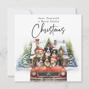 Tarjeta Festiva Feliz casa navideña con perros en camión rojo