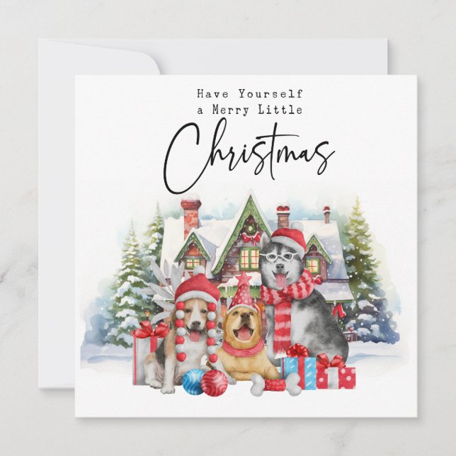 Tarjeta Festiva Feliz casa navideña con perros en camión rojo (Anverso)
